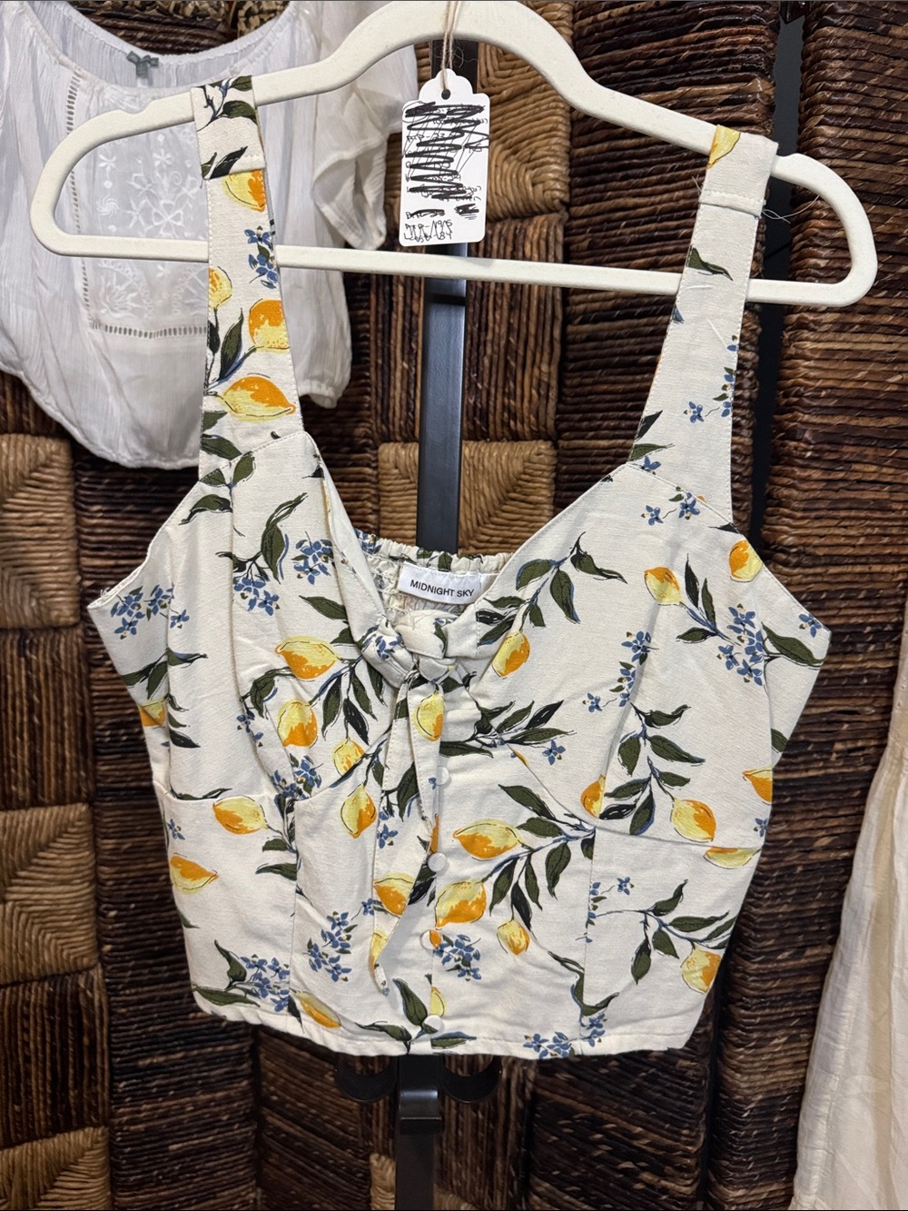 Midnight Sky Cream Lemon-Print Tie-Front Crop Top